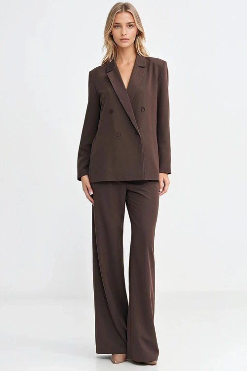 blazer femme chocolat oversize coupedroite coltailleur reverscrantés doubleboutonnage mancheslongues epaulettes tissucrepe doublurepolyester longueurhanche minimaliste élégant polyvalent viscose elasthanne