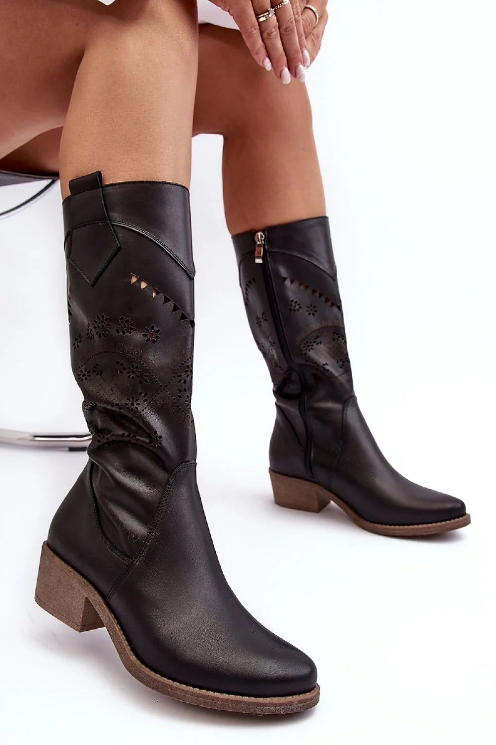 Bottes ajourées Step in style en cuir, tige haute, style cow-boy chic, noir, confortable, durable, printemps automne, femme