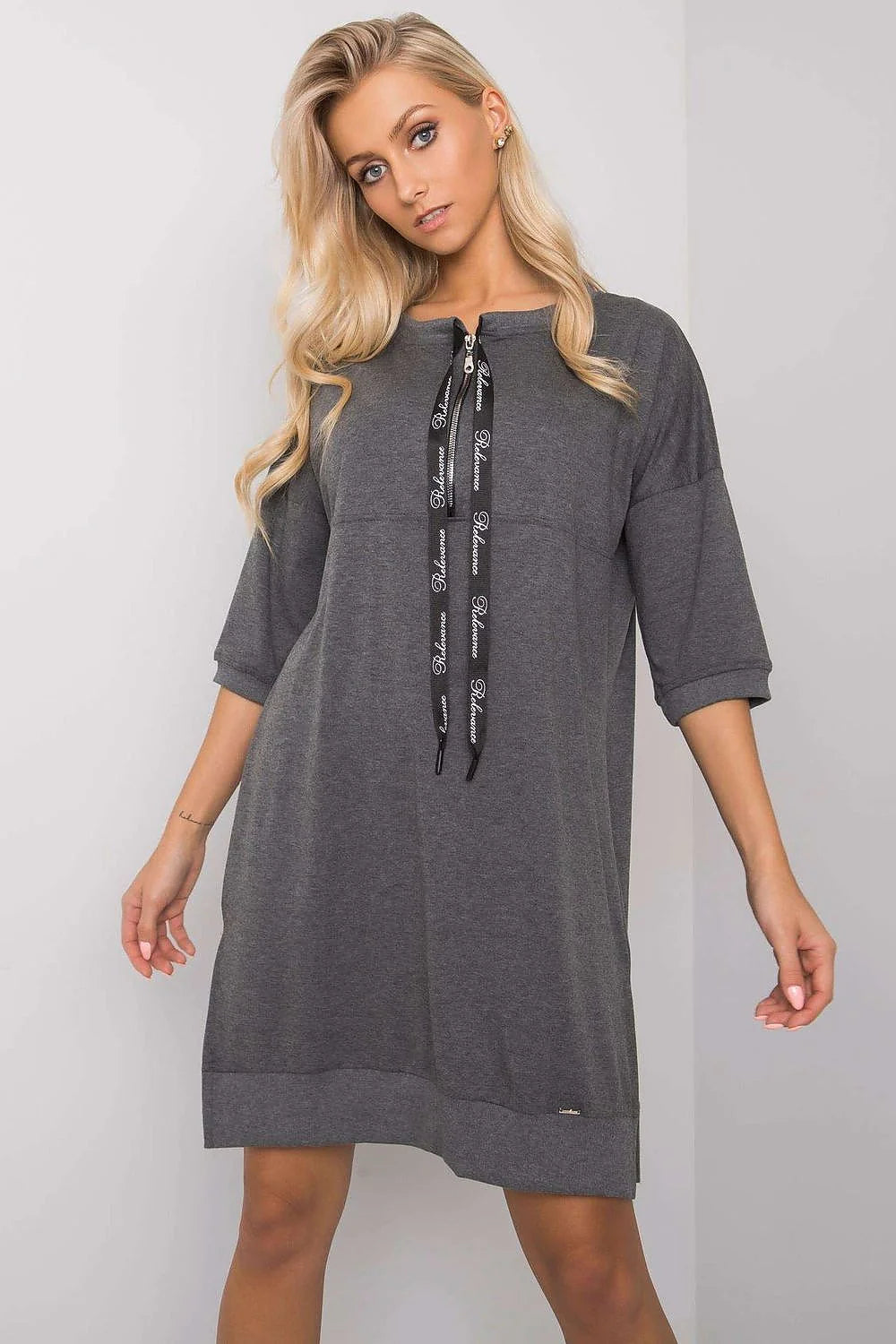 robe casual femme taupe coton elasthanne manches trois quarts fentes latérales coupe loose oversize cordon noir amovible bords côtes