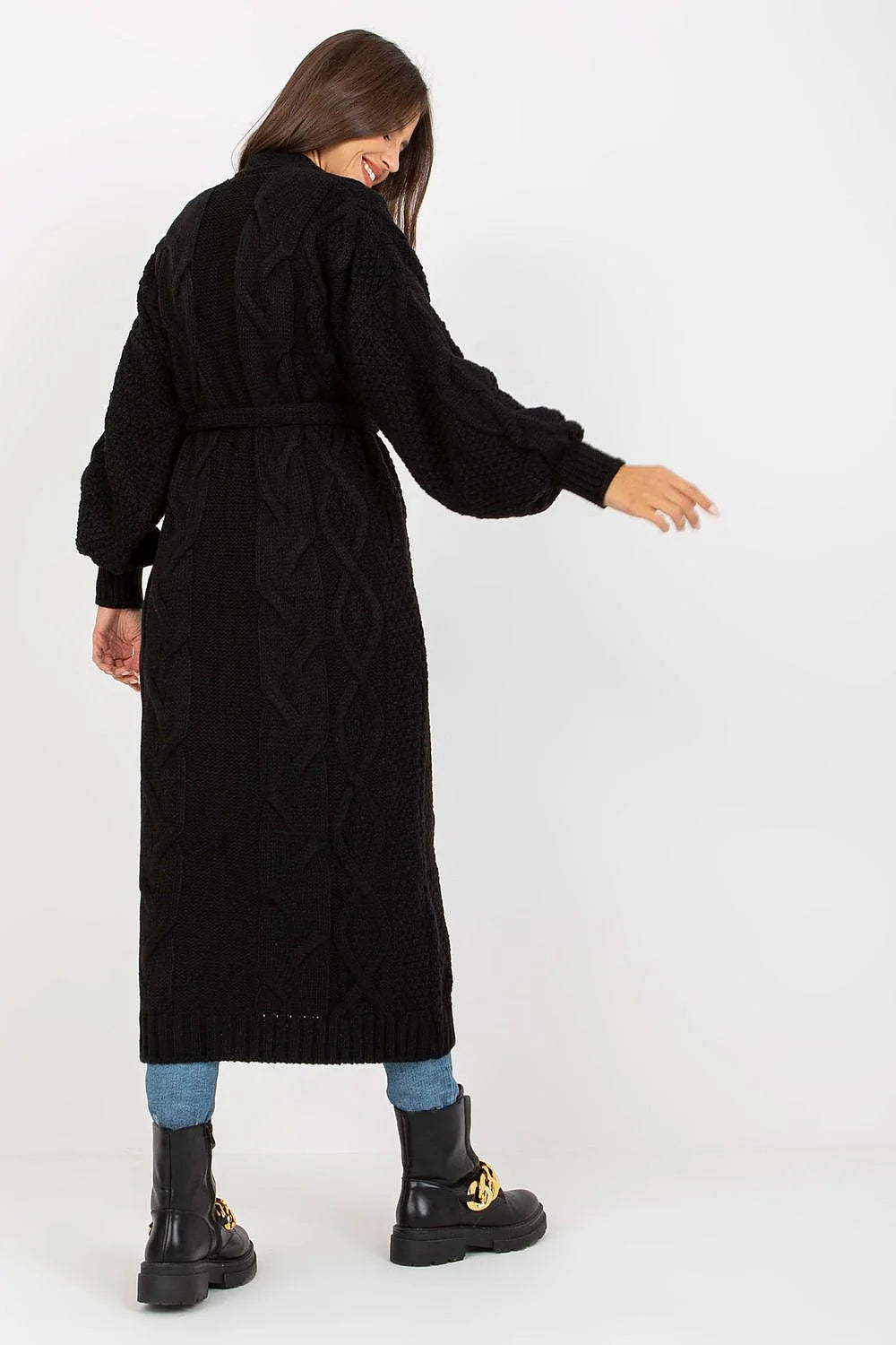 Cardigan long maille femme manches longues ceinture noeud maille tricotée texture côtelée couleur noire polyvalent style moderne