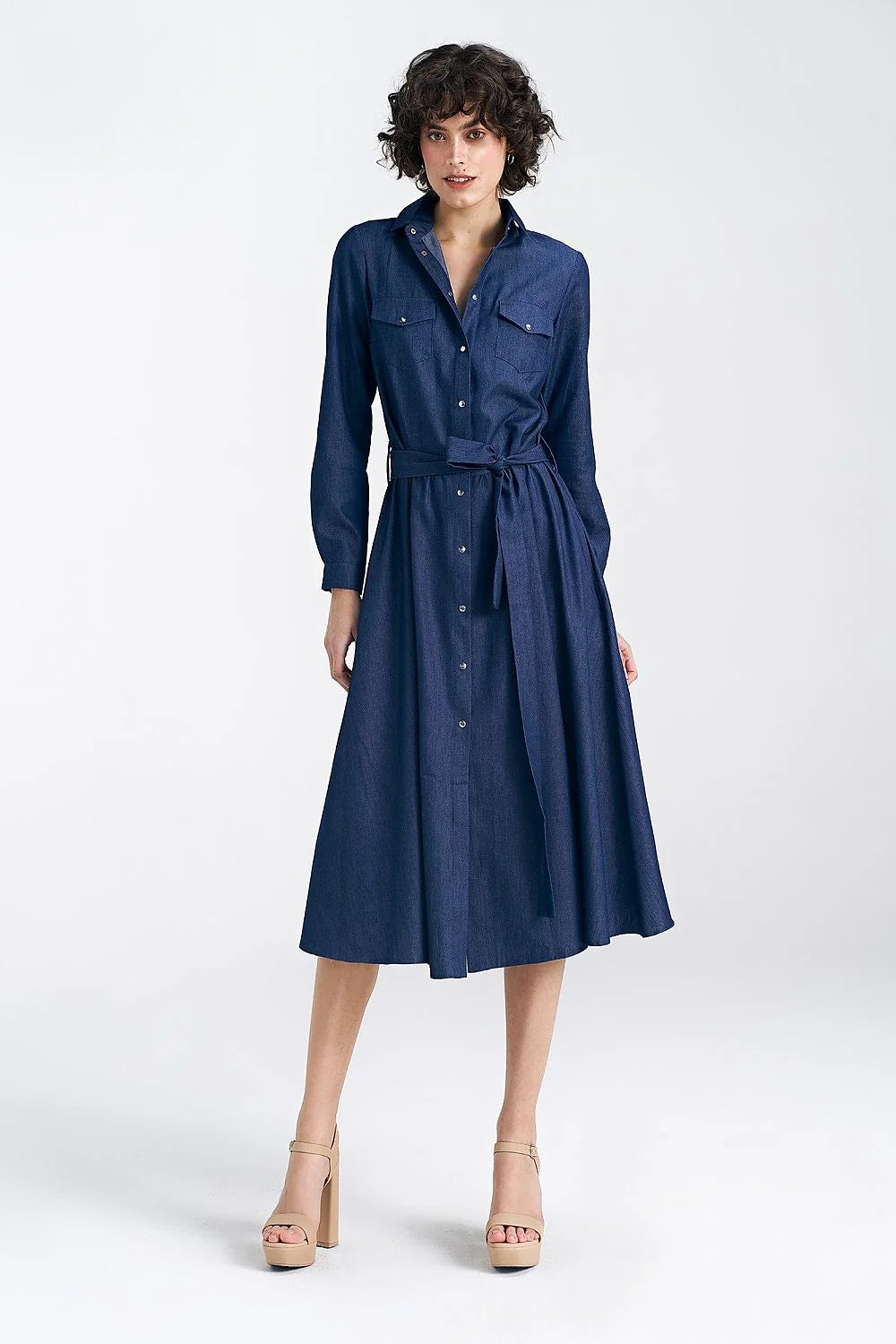 Robe chemisier en denim bleu foncé longueur midi manches longues ceinture ajustable femme mode classique décontractée
