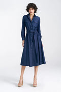 Robe chemisier en denim bleu foncé longueur midi manches longues ceinture ajustable femme mode classique décontractée