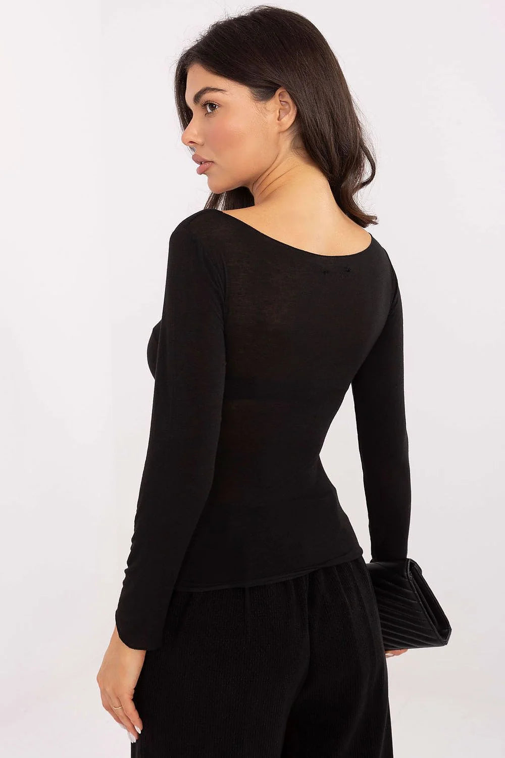 chemisier longsleeve ajusté silhouette femme noir maille fine semitransparent col bateau manches longues extensible doux cachemire viscose nylon élasthanne