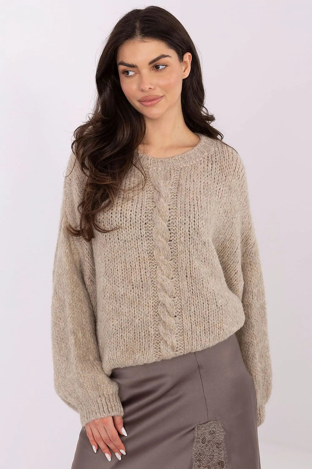 pull femme oversize grosse maille torsadée col rond coupe ample manches longues bouffantes côtelées beige chiné douce duveteuse