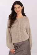pull femme oversize grosse maille torsadée col rond coupe ample manches longues bouffantes côtelées beige chiné douce duveteuse