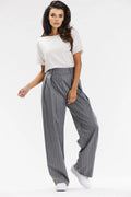 pantalon femme awama taille haute palazzo pinces fluide large gris anthracite rayures blanches structuré ceinture élastiquée poches latérales élégant bureau