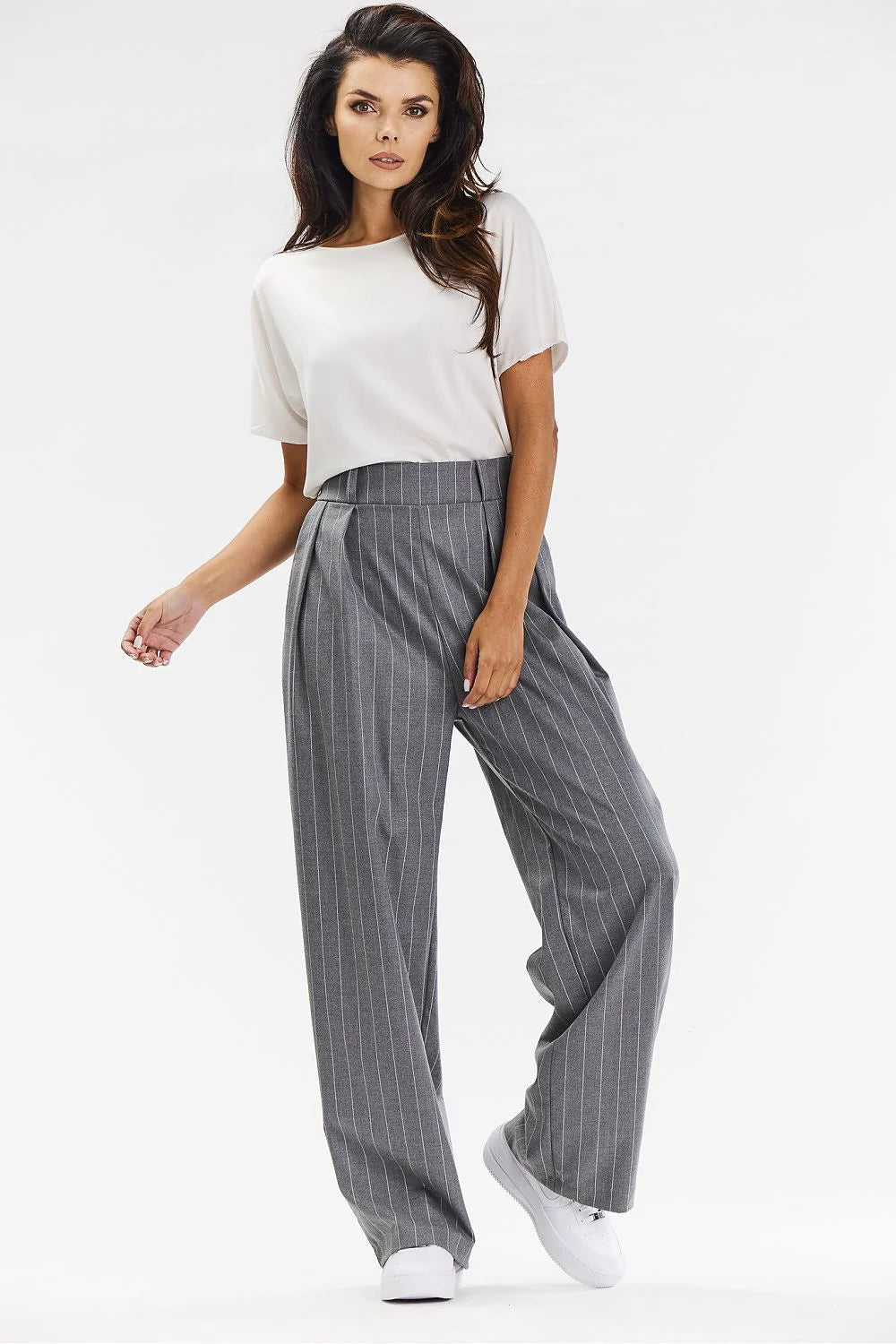 pantalon femme awama taille haute palazzo pinces fluide large gris anthracite rayures blanches structuré ceinture élastiquée poches latérales élégant bureau