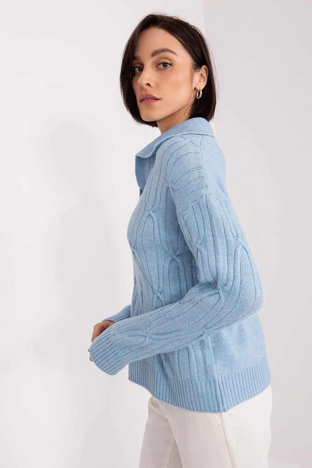 Pull pour femmes bleu ciel maille tricotée confort style coupe ample manches longues col plié élégant polyvalent