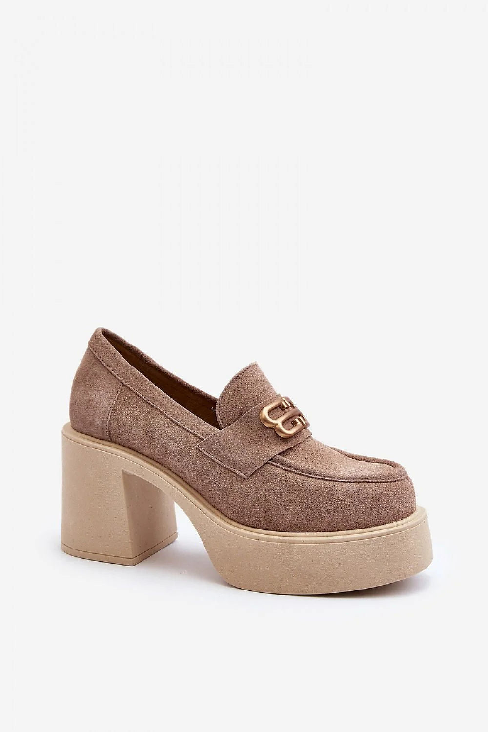 Chaussures basses à talons Step in style en suédine taupe plateforme carrée 7 cm boucle dorée mocassins femme confortable