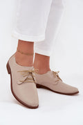 derbies femme lacées cuir naturel beige nude pointu amande perforée semelle contrastée marron petit talon surpiqûres tonales polyvalentes bureau confort