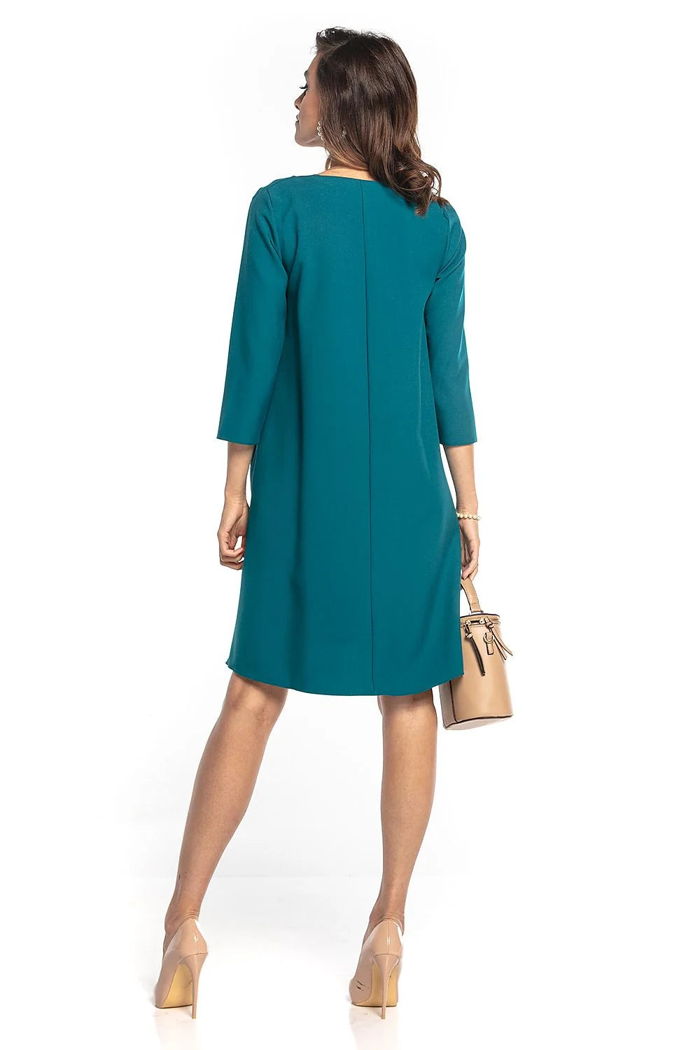 Robe fluide élégante encolure V manches 3/4 ceinture ajustable teal sophistiquée femme moderne