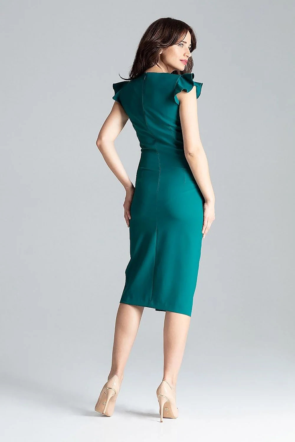 Robe de cocktail élégante couleur vert émeraude sans manches volants épaules fente haute coupe ajustée polyester 100% femme