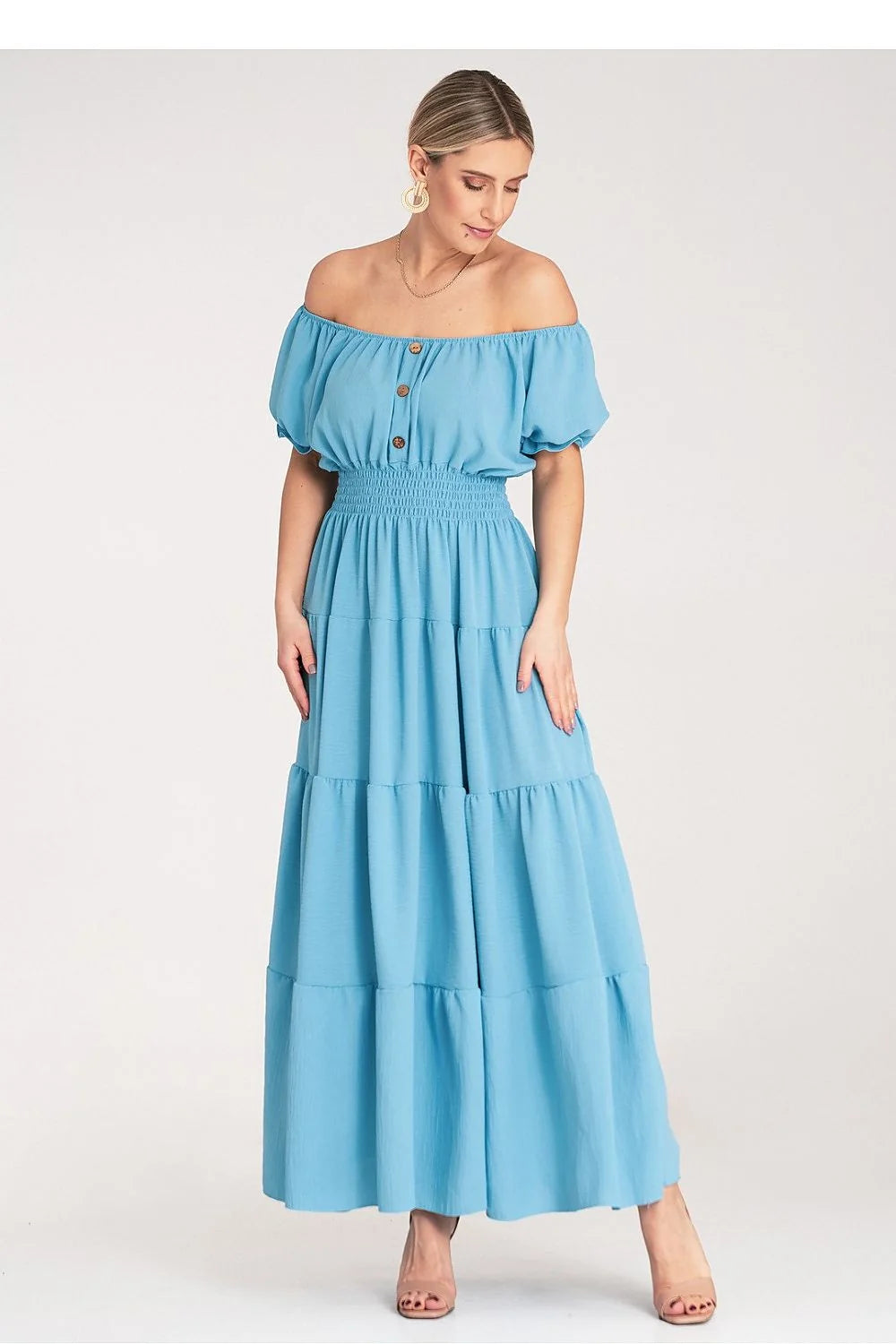 Robe de jour bohème style Bardot manches bouffantes tissu léger bleu ciel polyester elasthanne femme été occasion décontractée