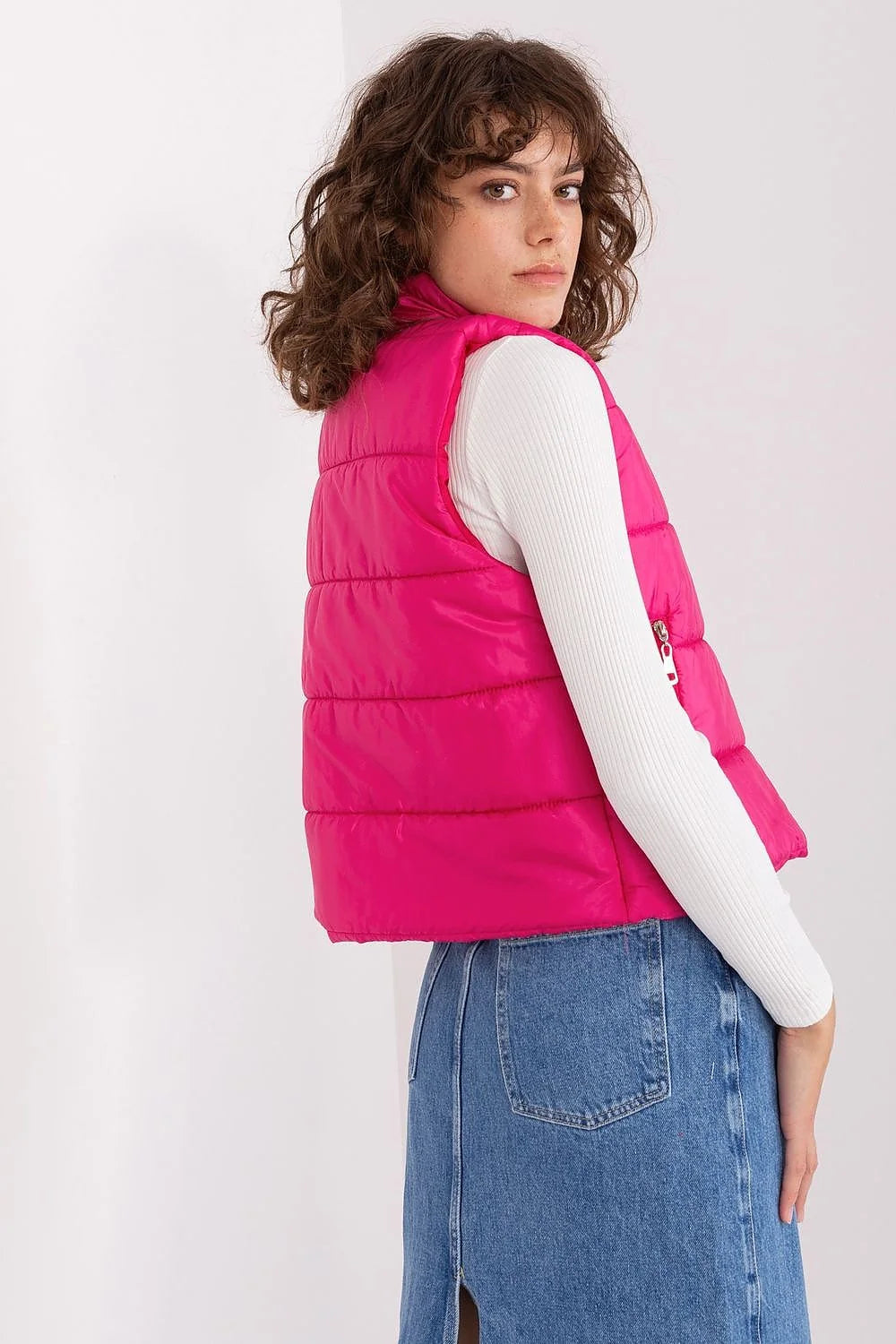 Gilet matelassé pour femme style urbain couleur fuchsia polyester automne hiver sans manches coupe ajustée fermeture éclair poches latérales