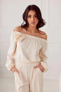 Chemisier Roco Fashion deux pièces élégant crème épaules nues manches longues fleur tissu pantalon taille haute femmes