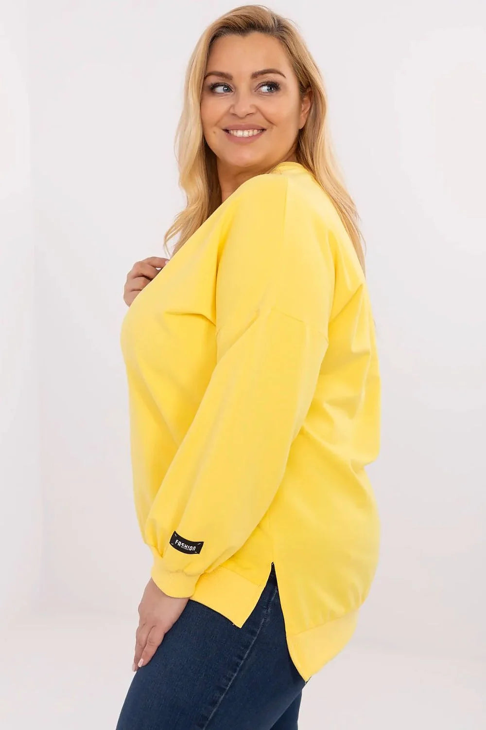 pull femme grande taille oversize coupe ample col rond manches ballon longues poignets côtelés molletonné doux jaune vif