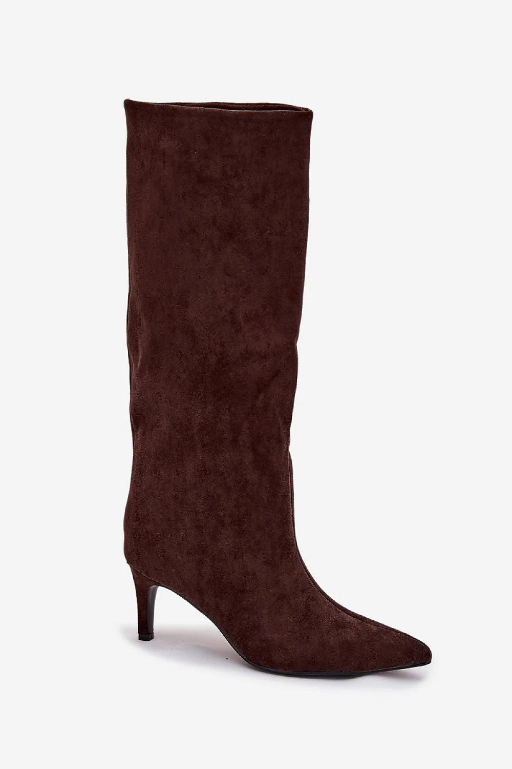 bottes suédine marron chocolat mi mollet talon fin kitten pointu tige froncée enfiler doublure chaude confortable élégante féminine polyvalente velours