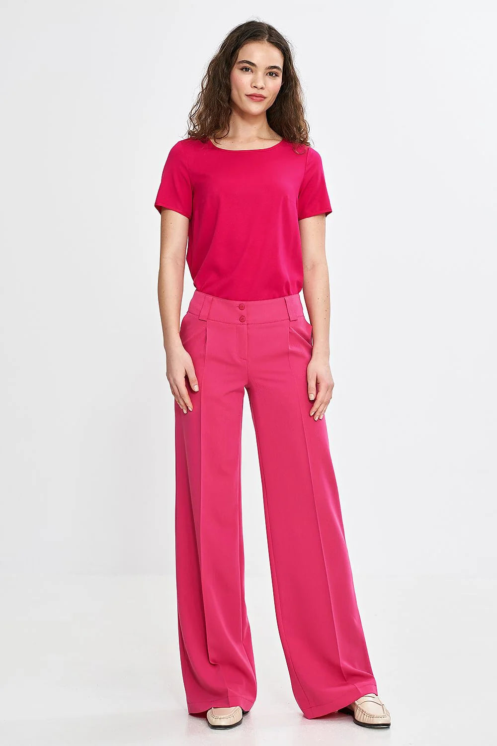 Pantalon long Nife ample style palazzo rose vif taille haute ceinture large boutons décoratifs femme élégance moderne