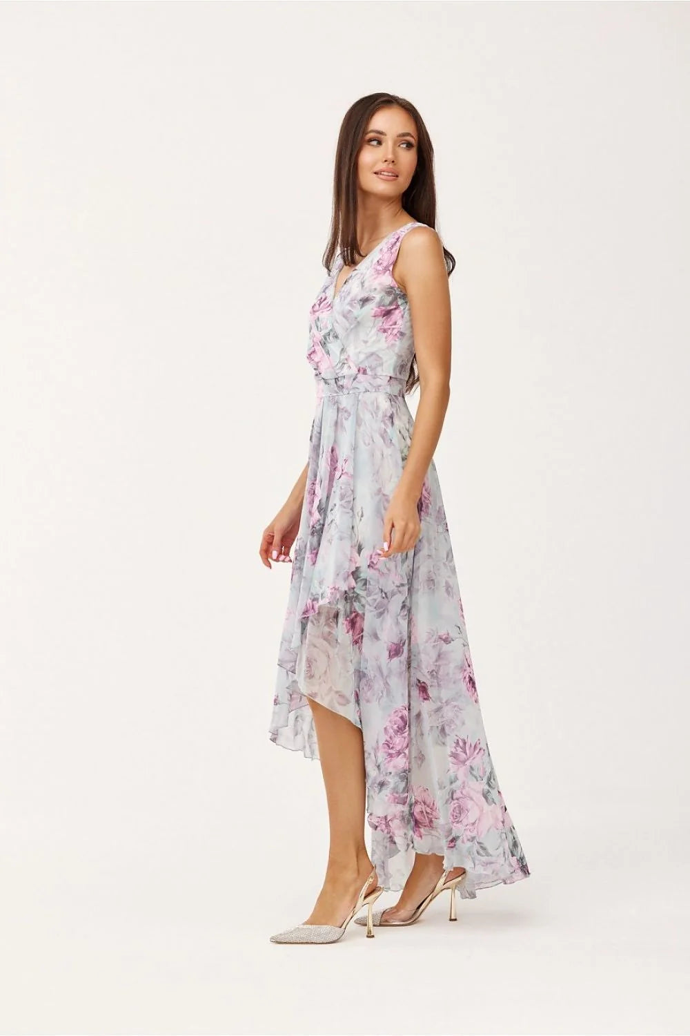 Robe de cocktail élégante longue mousseline soie floral rose lilas sans manches décolleté V croisé taille ajustable femmes