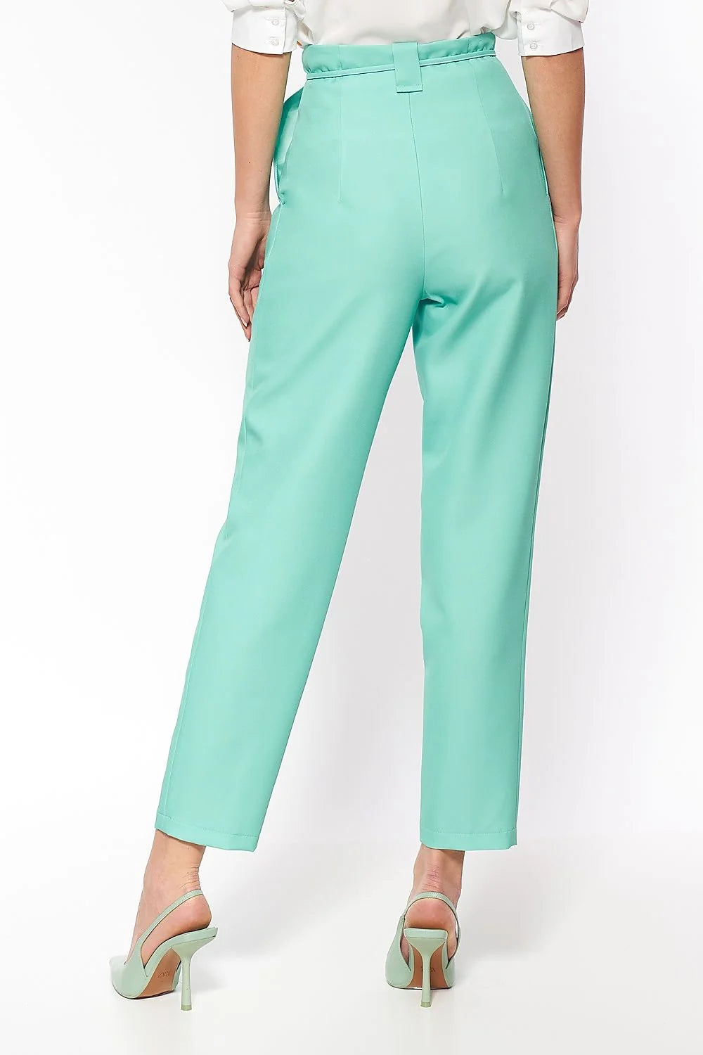 Pantalon femme crêpe bleu vif élégant taille haute ceinture nouée chic pour soirée