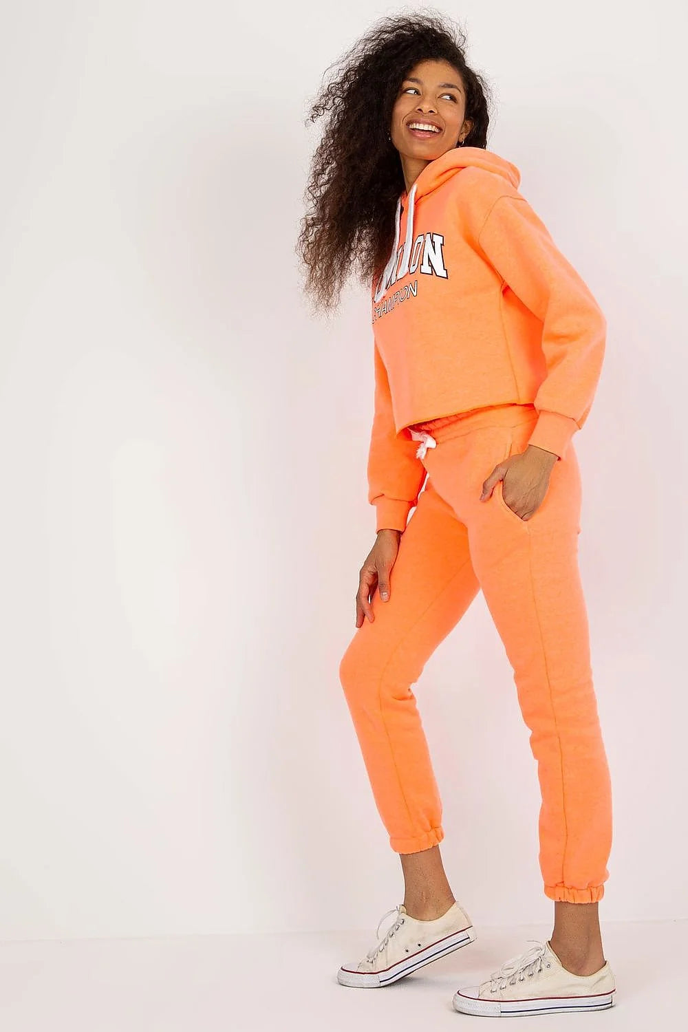 Ensemble de survêtement décontracté pour femmes sweat à capuche pantalon jogging London Champion couleur orange vif coton mélange ajustable