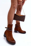 Bottines féminines en cuir artificiel marron terre Sienna, talon épais 5.5 cm, design robuste et chic avec boucles métalliques, taille ajustable pour femmes