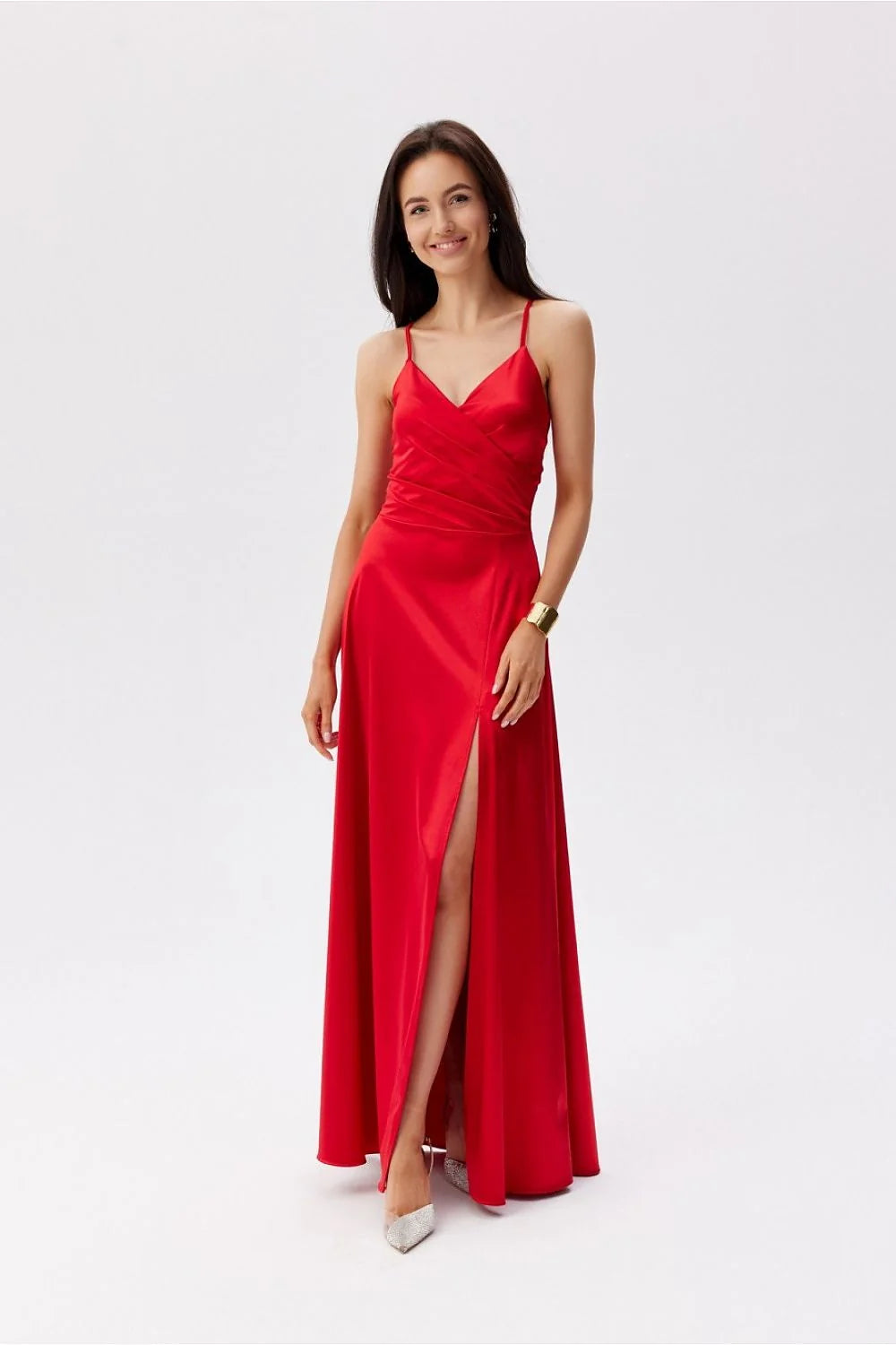 Robe de soirée élégante longue en satin rouge vif dos lace-up ajustable pour femmes