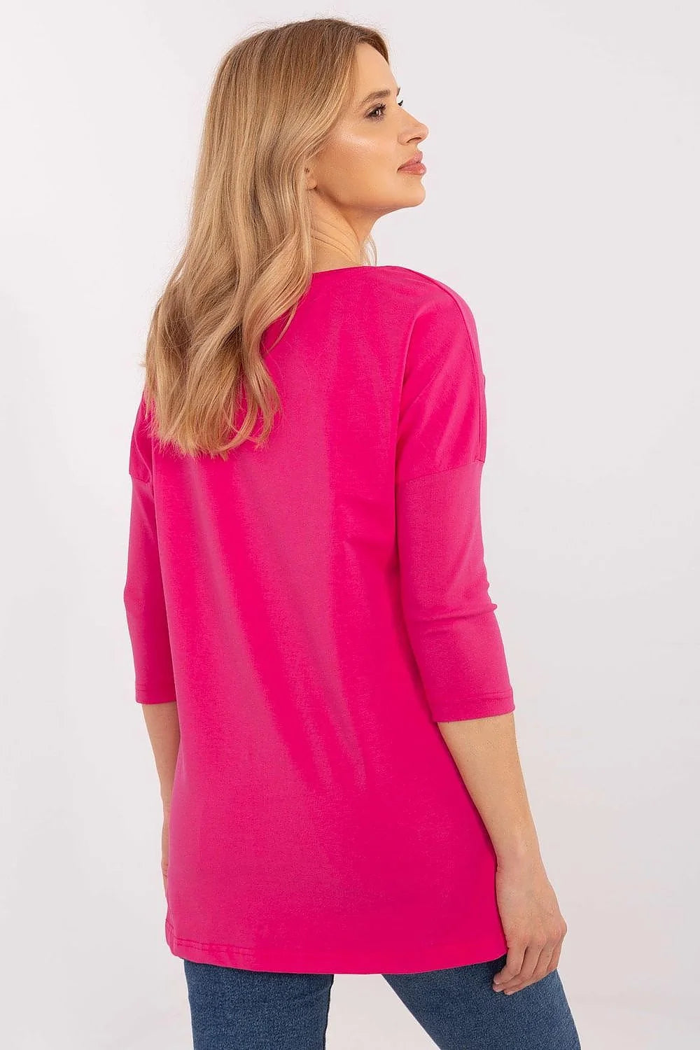 T-shirt femme casual motif animal fuchsia rose coton respirant coupe ample manches 3/4 col rond