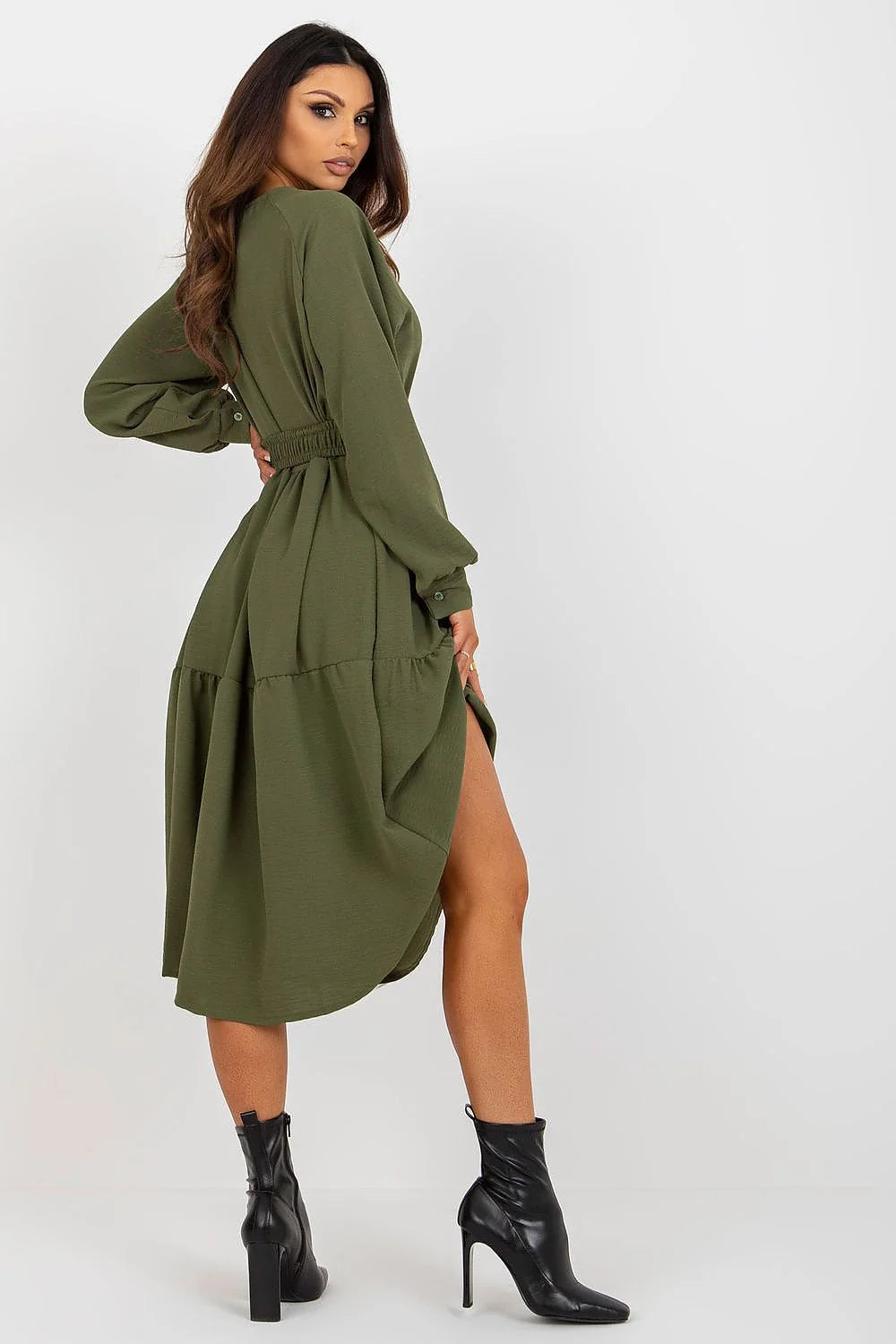 Robe casual femme marron camel V-neck ruffles ceinture longues manches amples coupe fluide mode élégante