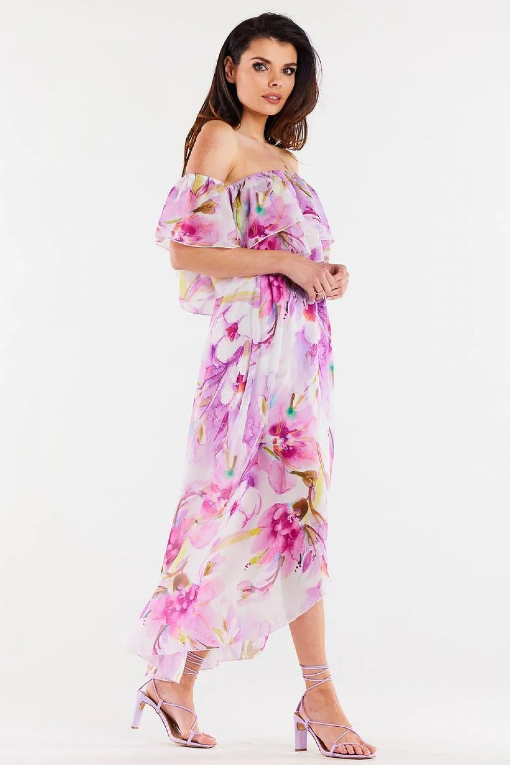 Robe longue bohème imprimé floral asymétrique en chiffon élastique buste volant épaules nues romantique été jardin soirée femme