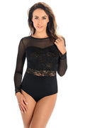 Body féminin élégant dentelle noire motifs floraux coupe ajustée tailleur cintrée manches longues femme