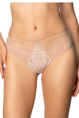 culotte bikini beige transparent tulle dentelle florale taille basse lanières doubles anneau central échancrée bords élastiques maintien léger