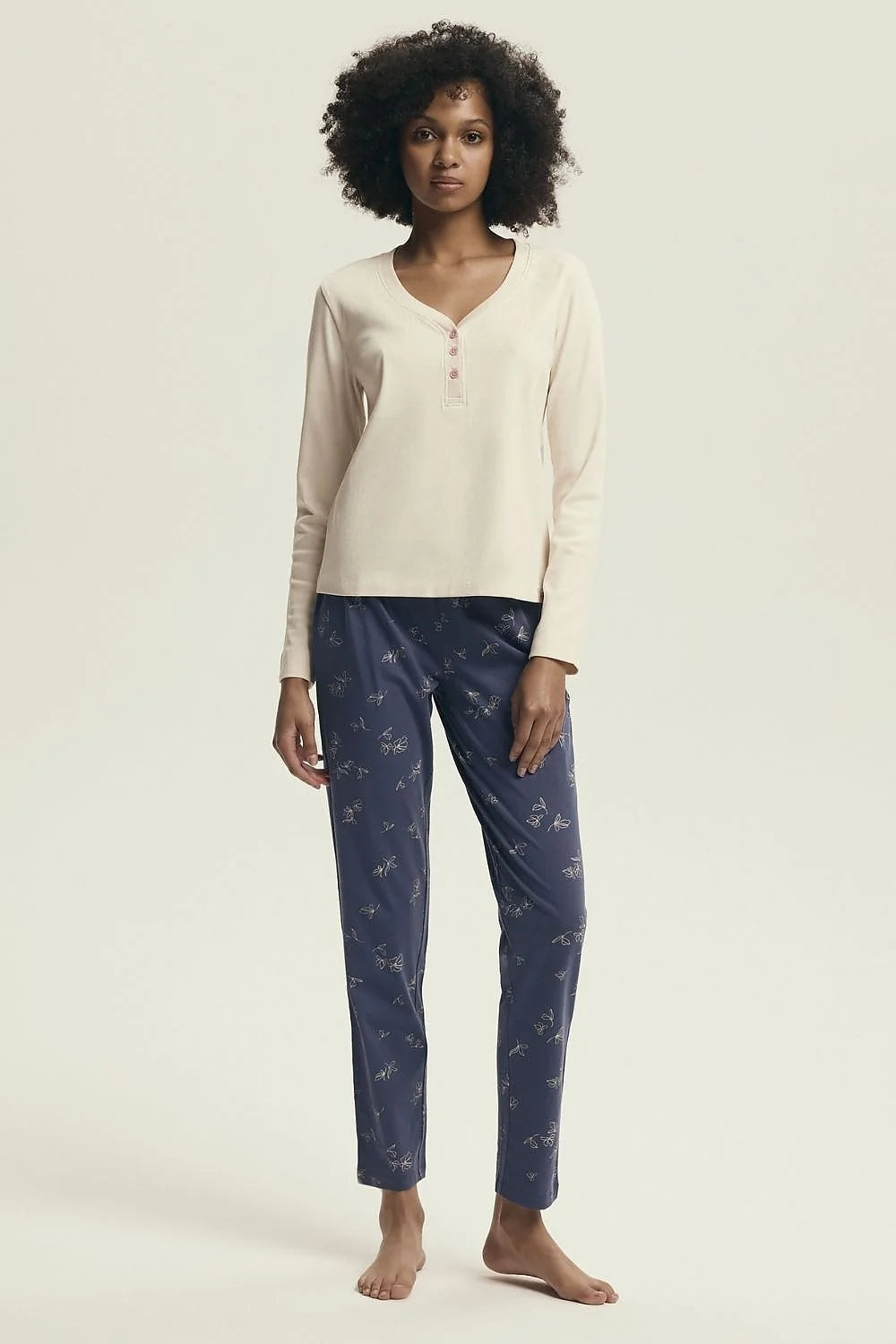 pyjama femme ensemble nuit classique féminin coton100 jersey doux respirant confortable mancheslongues encolureV boutonnée pantalonlong impriméfloral tailleélastique longueurcheville