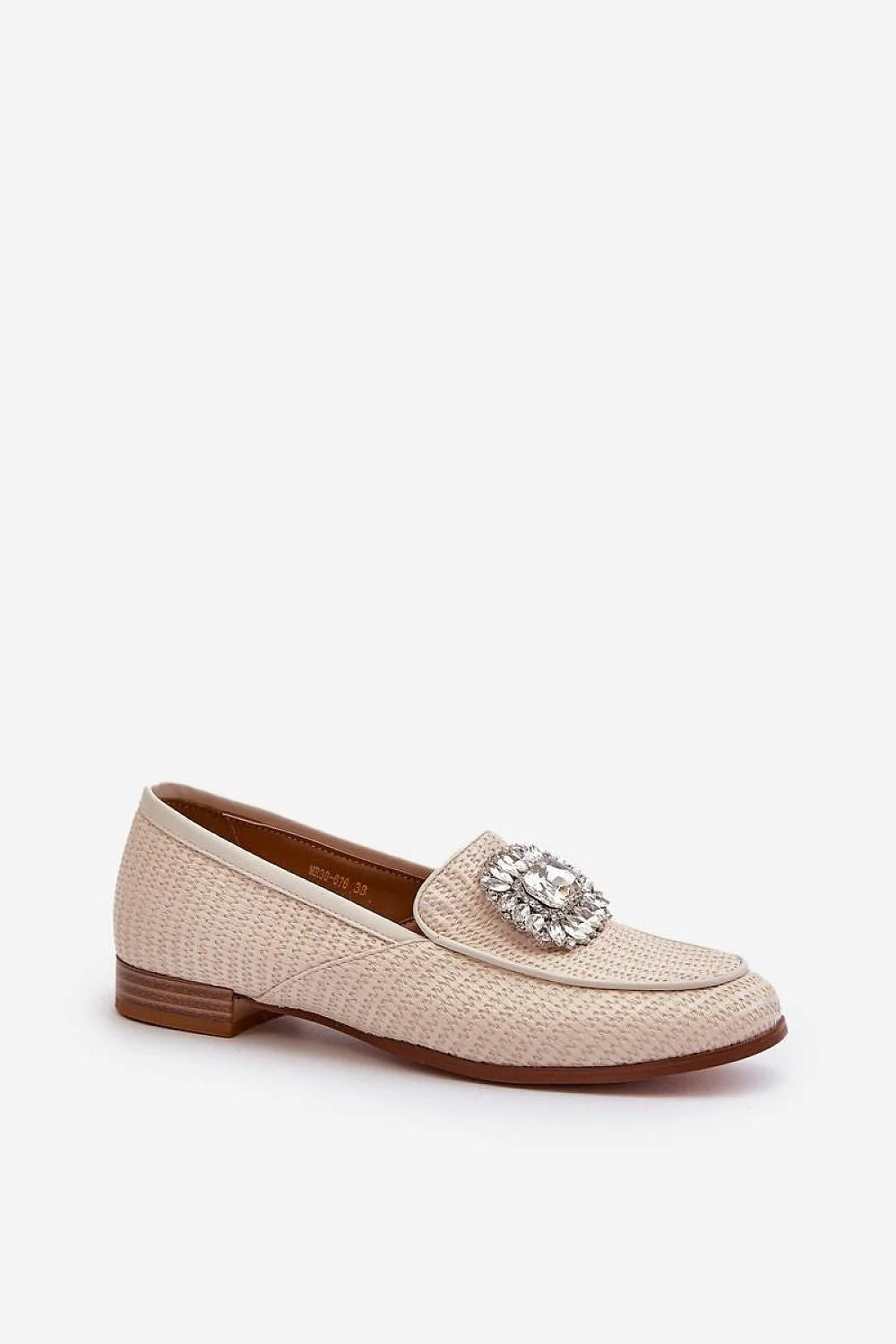 Mocassins élégants pour femmes talon plat cuir naturel broche strass beige clair style intemporel