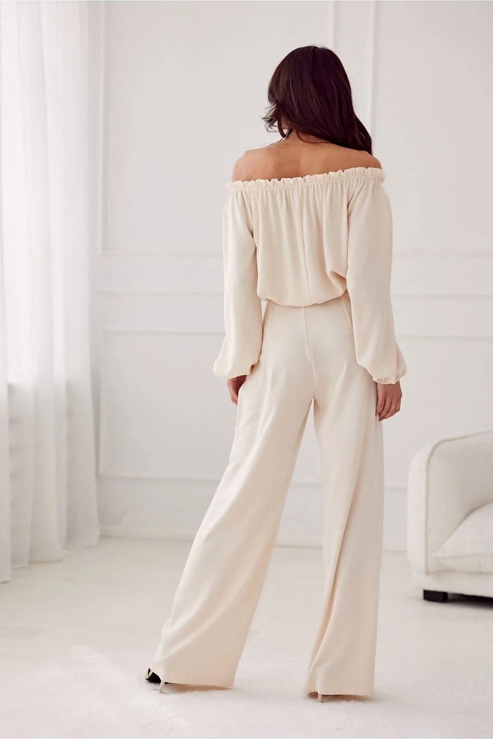 Pantalon femme bohème chic coupe fluide large taille haute poches latérales fermeture éclair beige clair