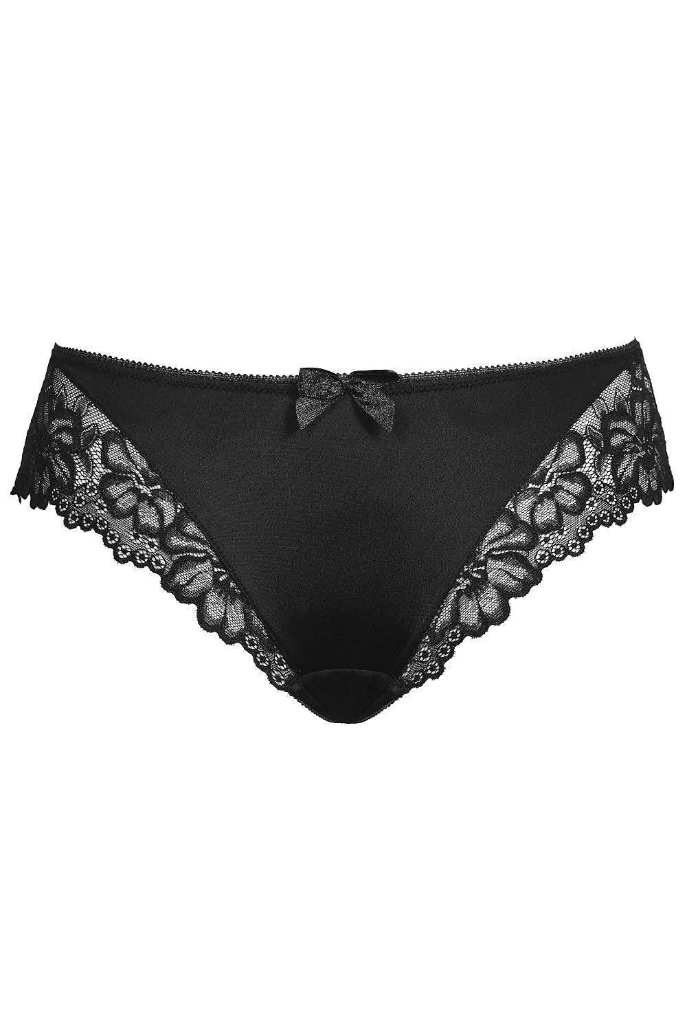 culotte dentelle noire florale féminine microfibre douce bordure festonnée noeud satiné avant taille élastiquée gousset coton couvrance modérée