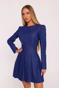 robe courte imitation denim indigo manches longues col rond haut ajusté taille marquée épaules froncées jupe évasée plis inversés mini