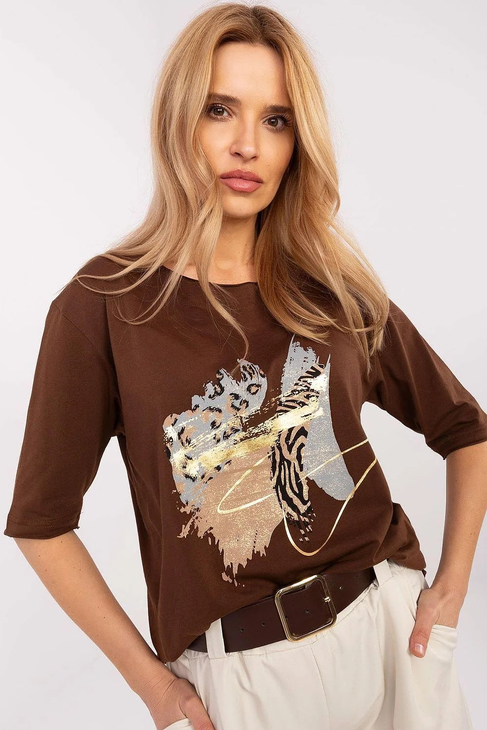 Chemisier élégant pour femmes imprimé animal motif léopard zèbre manches 3/4 col rond coton élasthanne