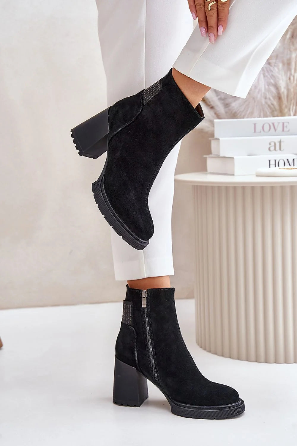 Bottes à talons épaisses en daim noir, style moderne, talon carré 6-8 cm, fermeture éclair latérale, femmes, confort tout jours