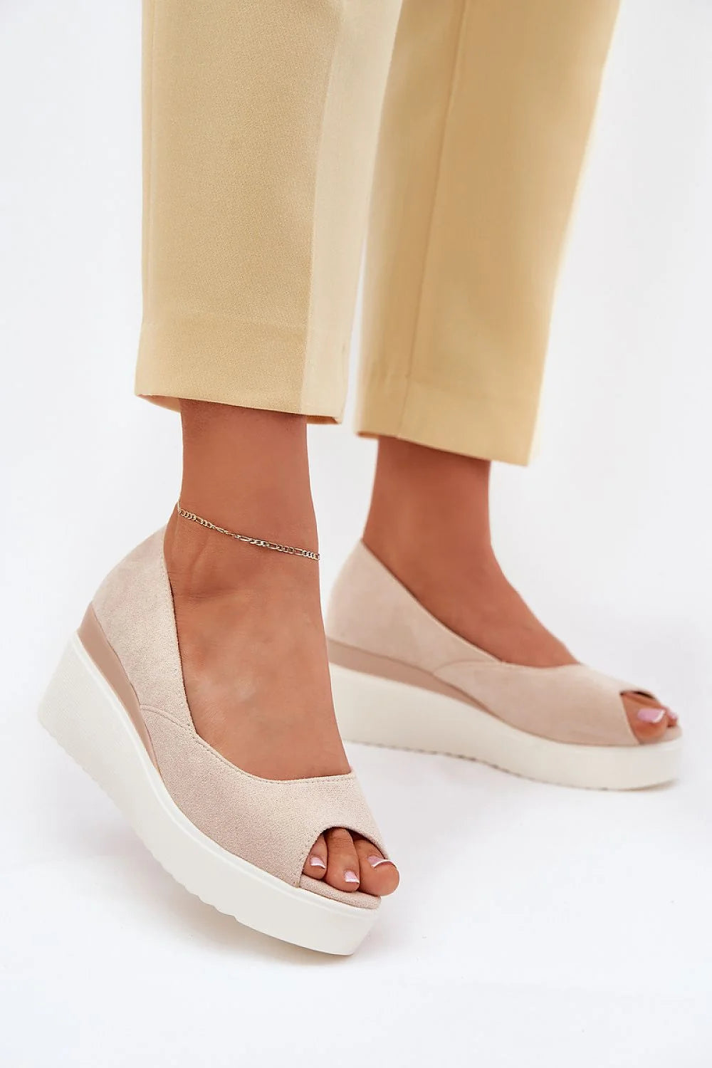 Sandales compensées pour femmes style peep-toe cuir suédé écologique talon 7cm confort tout le jour robes été jupes pantalons