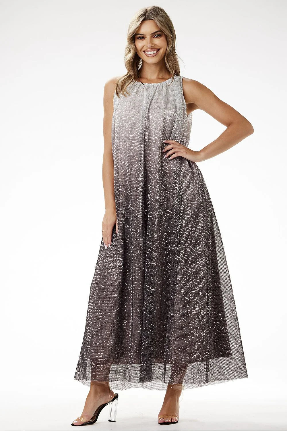 Robe de soirée élégante longue sans manches effet ombre argenté noir tissu synthétique ceinture asymétrique femme occasions spéciales