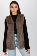 Gilet pour femme sans manches en fourrure imitation élégant couleur brun terreux texture douce et luxueuse mode automne hiver