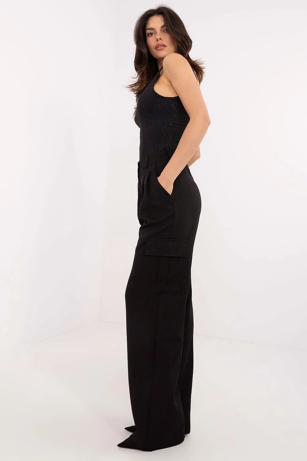 Ensemble chic femme haut débardeur tank glitteré pantalon taille haute large plissé noir occasion soirée événement