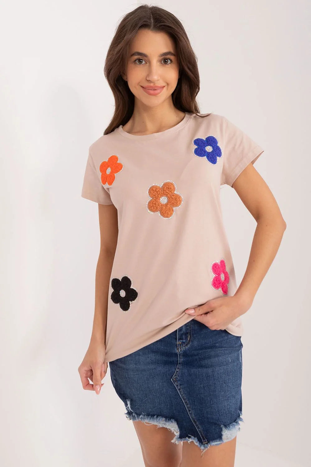 T-shirt femme mode moderne casual floral coloré beige manches courtes col rond