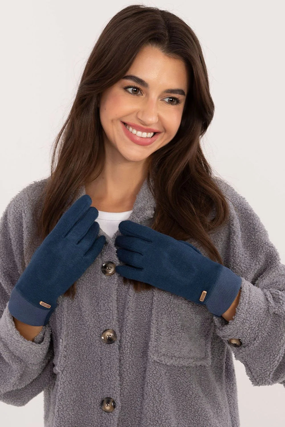 Gants en tissu lisse et côtelé bleu marine urban style plaque dorée poignet élastiqué fleur brodée index smartphone friendly femmes hiver