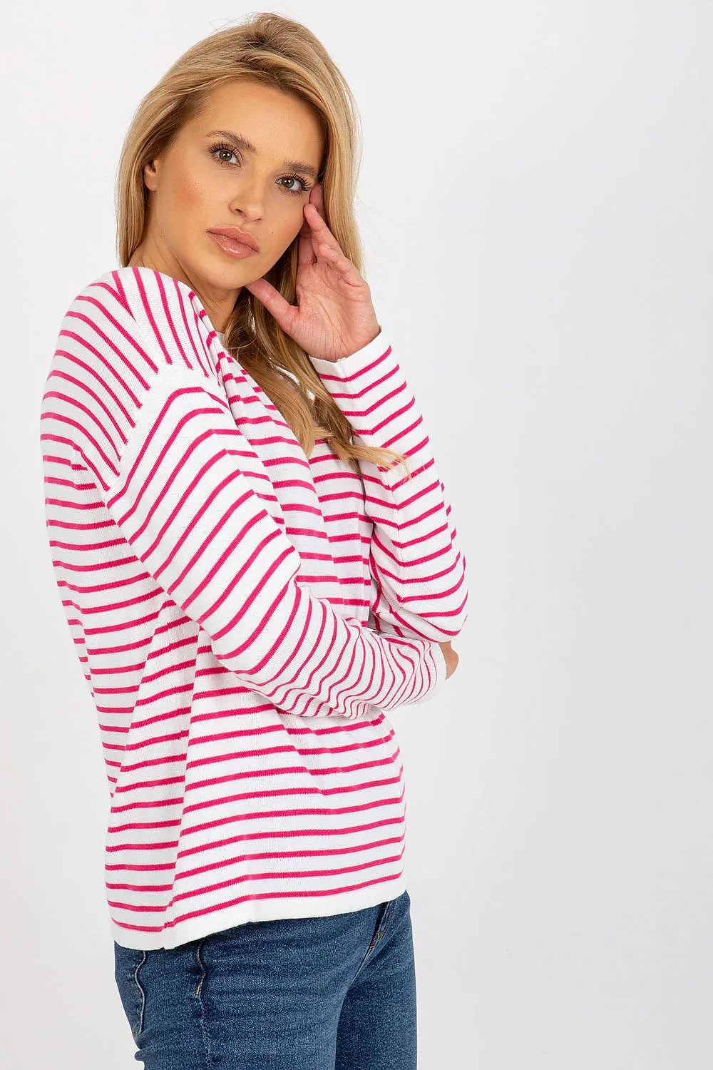 chandail femme Rue Paris marinière rayures fuchsia blanches manches longues encolure bateau maille fine coton mélange coupe oversize