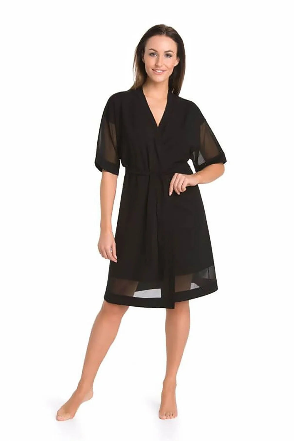 Robe de chambre élégante pour femme en viscose noire style kimono coupe classique manches 3/4 ceinture large