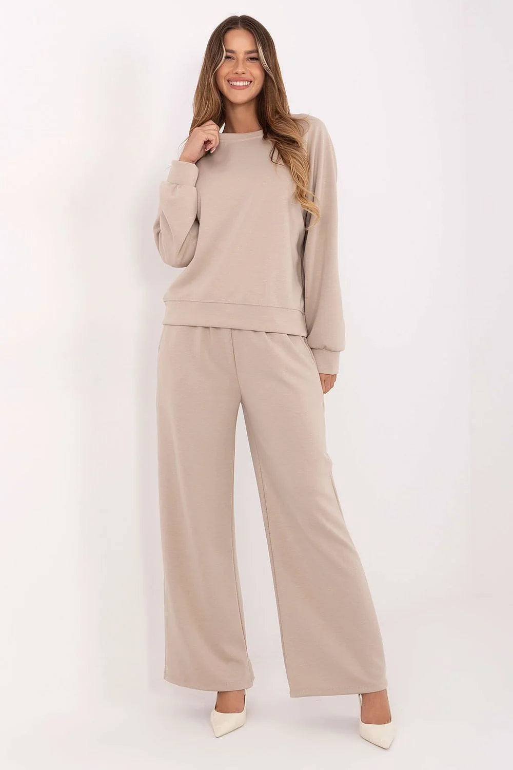 ensemble survêtement femme sweat col rond oversize pantalon jambe large taille haute élastique jersey doux extensible viscose polyester élasthanne poches