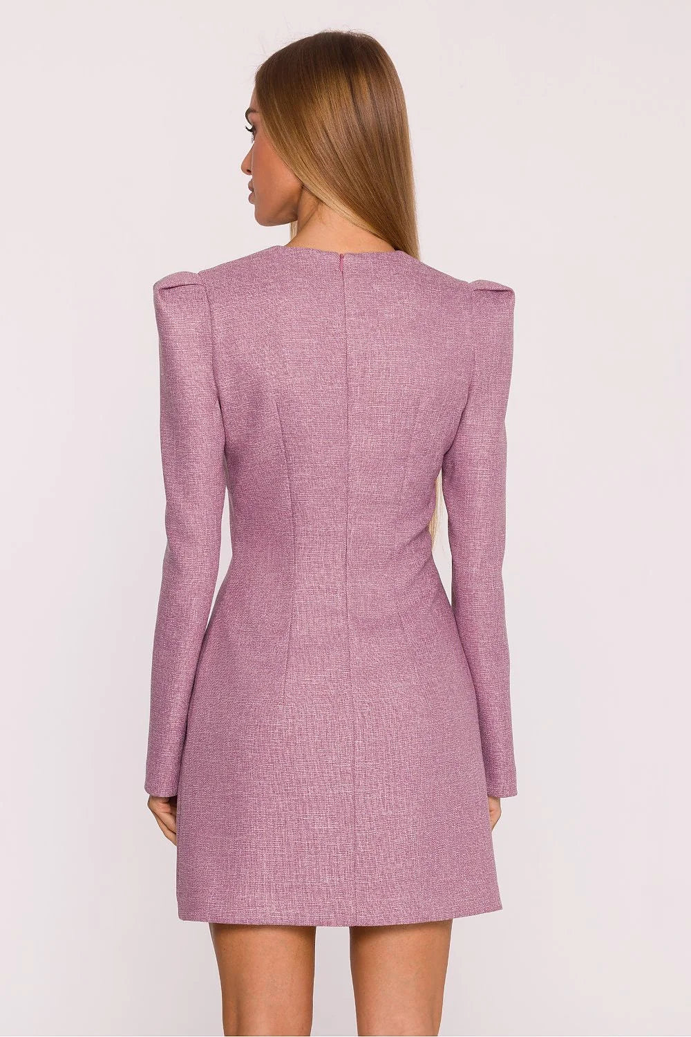 robe mini blazer tweed mélangé rose mauve encolure V profonde épaules structurées manches bouffantes coupe cintrée nœud mousseline