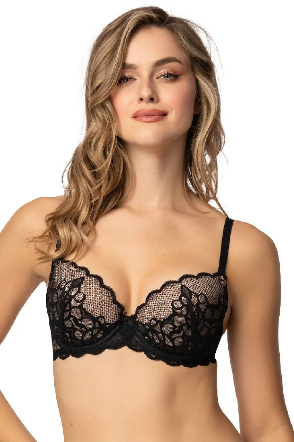 soutiengorge balconnet pushup dentelle noire rembourré armatures bretelles réglables bord festonné ajouré maintien sculptant culotte taille moyenne tulle mesh floral
